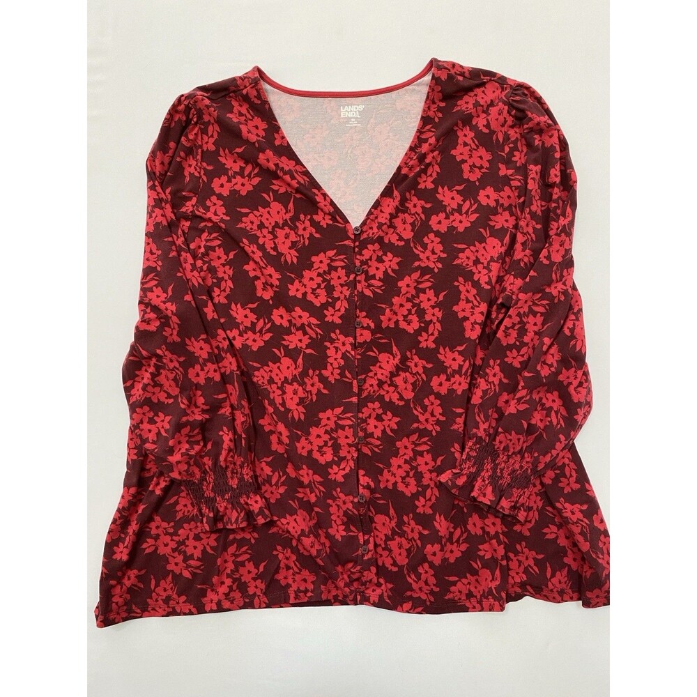 Lands End Top 2X 20W-22W Red Burgundy Floral V-Neck Button Front